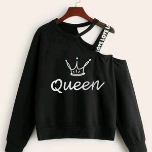 Crown and letter graphic asymmetrical neck sweatshirt